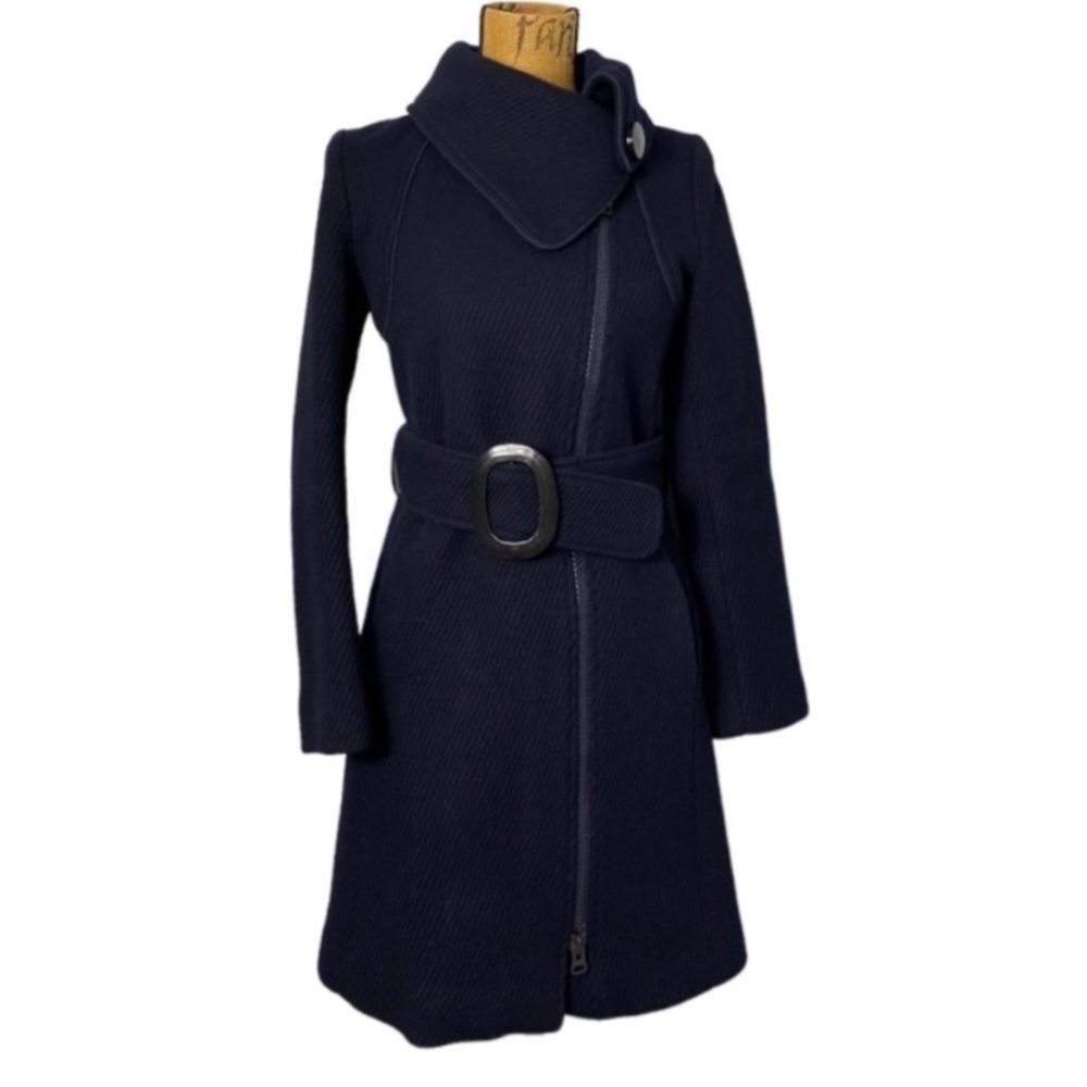 NWOT Soia & Kyo Navy Blue Asymmetrical Winter Wool Zip with Buckled Belt Coat XS